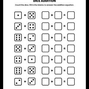 A Dice Addition Math Worksheet featuring rows of dice and boxes for kids to write and solve addition equations.