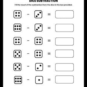 A clean Dice Subtraction Math Worksheet featuring six rows of subtraction equations represented by dice and empty boxes for children to write their results.
