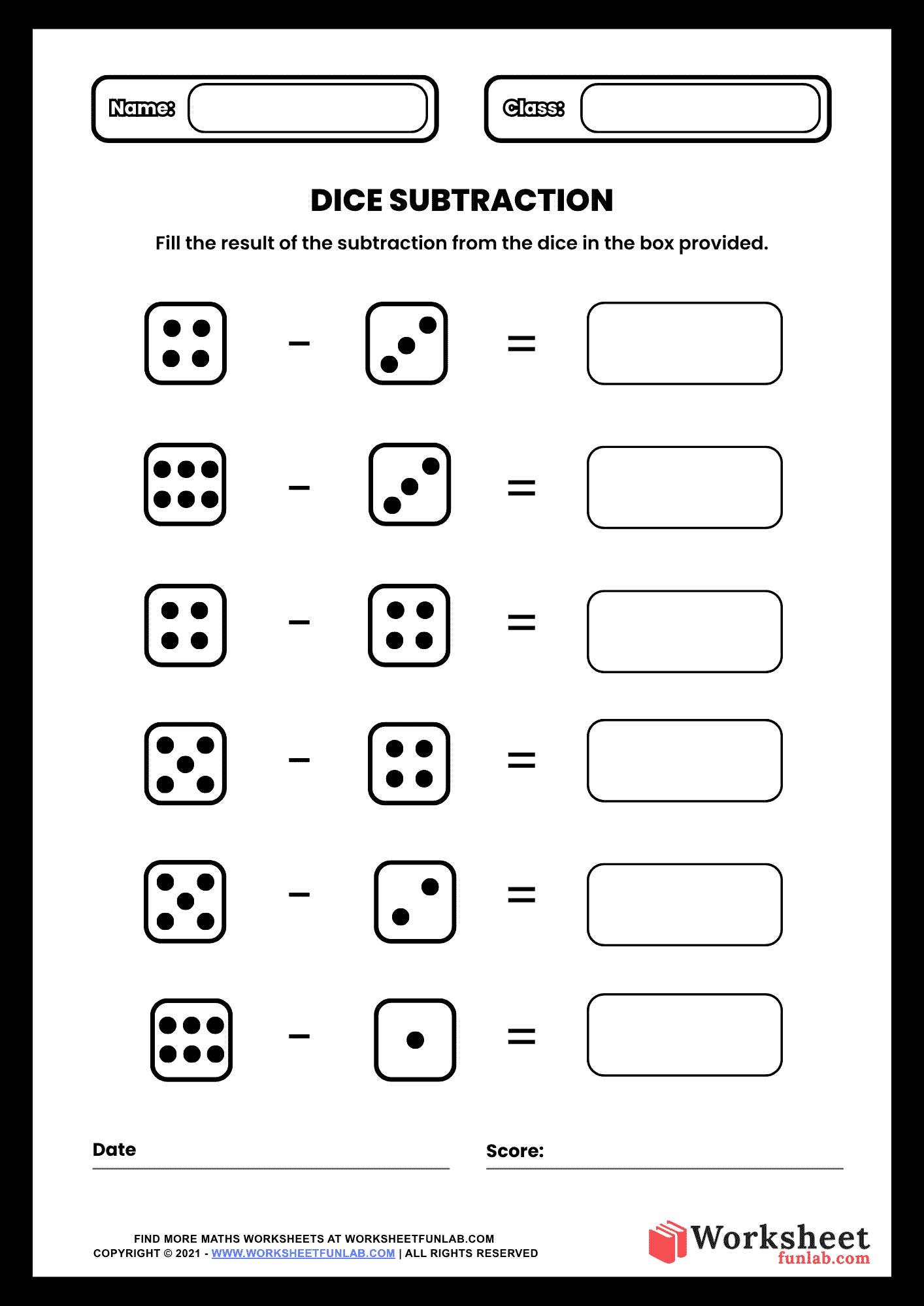 A clean Dice Subtraction Math Worksheet featuring six rows of subtraction equations represented by dice and empty boxes for children to write their results.