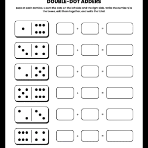 A Double Dot Adders worksheet featuring six rows of dominoes with empty boxes for children to write numbers and total sums.