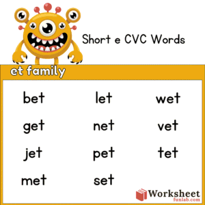 Free Monster Short e CVC Words Worksheet