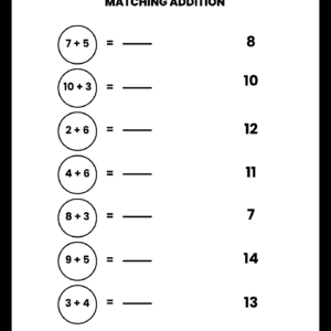A clean Matching Addition Timed Test math worksheet featuring seven addition equations in circles and a corresponding list of answers for matching.