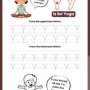 A high-quality Letter Y Tracing Worksheet for kids featuring a girl doing yoga and dotted rows for practicing uppercase Y and lowercase Y.