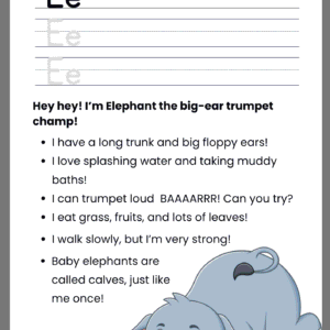 Elephant Story Letter E writing practice