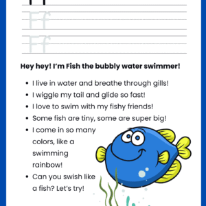 A high-quality Fish Story Letter F worksheet featuring a blue fish illustration, fun facts about swimming, and lines for writing the letter F.