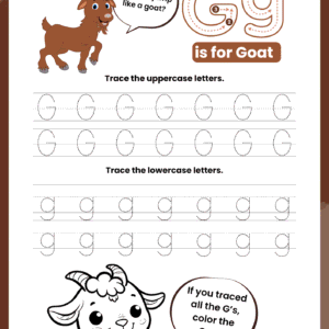 A high-quality Letter G Tracing Worksheet for kids featuring a goat character and dotted rows for practicing capital G and small g.