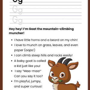 A high-quality Goat Story Letter G worksheet featuring a brown goat illustration, fun facts about climbing, and lines for writing the letter G.