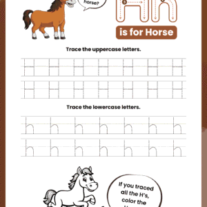 A high-quality Letter H Tracing Worksheet for kids featuring a horse character and dotted rows for practicing capital H and small h.