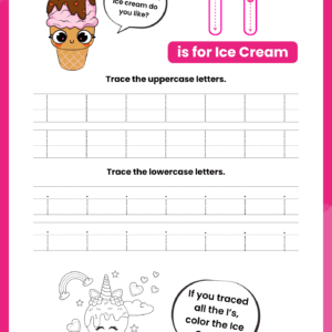 A high-quality Letter I Tracing Worksheet for kids featuring a cute ice cream character and dotted rows for practicing capital I and small i.