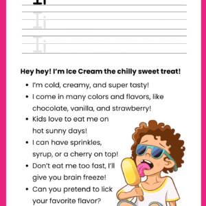 A high-quality Ice Cream Story Letter I worksheet featuring a boy eating a yellow popsicle, fun facts about flavors, and lines for writing the letter I.