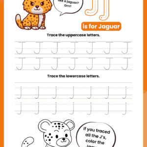 A high-quality Letter J Tracing Worksheet for kids featuring a cute jaguar character and dotted rows for practicing capital J and small j.