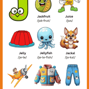 A colorful Letter J Vocabulary Learning Chart featuring illustrations of Jackfruit, Juice, Jelly, Jellyfish, Jackal, Jet, Jacket, and Jeans with phonetic guides.