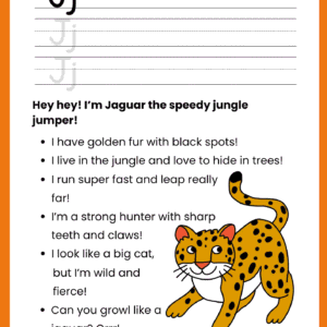 A high-quality Jaguar Story Letter J worksheet featuring a spotted jaguar, fun facts about the jungle, and lines for writing the letter J.