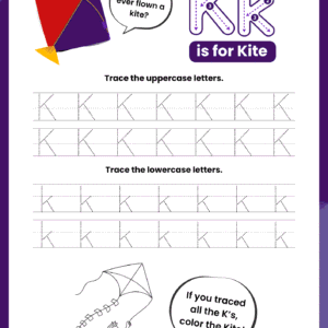 A high-quality Letter K Tracing Worksheet for kids featuring a colorful kite and dotted rows for practicing capital K and small k.