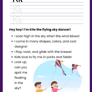 A high-quality Kite Story Letter K worksheet featuring children flying colorful kites, fun facts about the wind, and lines for writing the letter K.