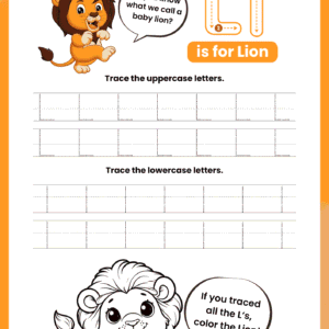A high-quality Letter L Tracing Worksheet for kids featuring a friendly lion and dotted rows for practicing capital L and small l.
