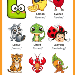 A colorful Letter L Vocabulary Learning Chart featuring illustrations of a Lemon, Lychee, Lemur, Lizard, Ladybug, Leopard, Lobster, and Leaf with phonetic guides.