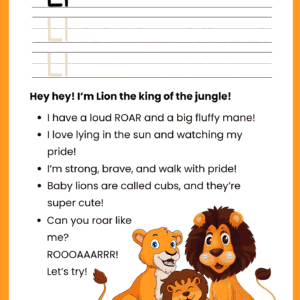 A high-quality Lion Story Letter L worksheet featuring a majestic lion with a fluffy mane, his pride, and lines for writing the letter L.