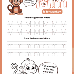 A high-quality Letter M Tracing Worksheet for kids featuring a playful monkey and dotted rows for practicing capital M and small m.
