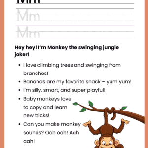 A high-quality Monkey Story Letter M worksheet featuring a playful monkey swinging from a branch with a banana and lines for writing the letter M.