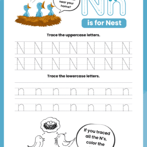 A high-quality Letter N Tracing Worksheet for kids featuring baby birds in a nest and dotted rows for practicing capital N and small n.