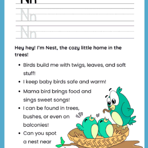 A high-quality Nest Story Letter N worksheet featuring a mama bird feeding two baby birds in a nest on a tree branch.