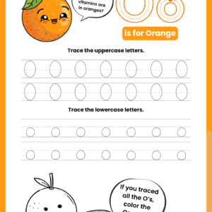 A high-quality Letter O Tracing Worksheet for kids featuring a smiling orange and dotted rows for practicing capital O and small o.