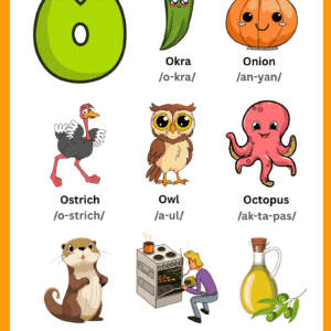 Letter O Vocabulary Learning Chart featuring illustrations of Okra, Onion, Ostrich, Owl, Octopus, Otter, Oven, and Oil.