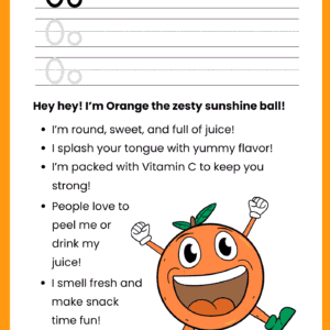 A high-quality Orange Story Letter O worksheet featuring a happy, jumping orange character with arms and legs.
