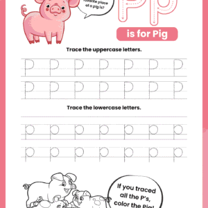 A high-quality Letter P Tracing Worksheet for kids featuring a cute pig in a speech bubble and dotted rows for practicing capital P and small p.