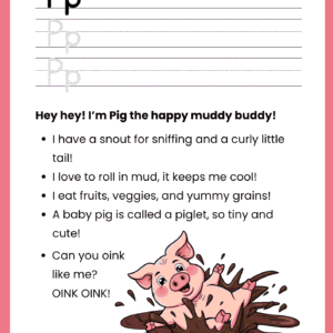 A high-quality Pig Story Letter P worksheet featuring a cute pink pig jumping in a mud puddle.