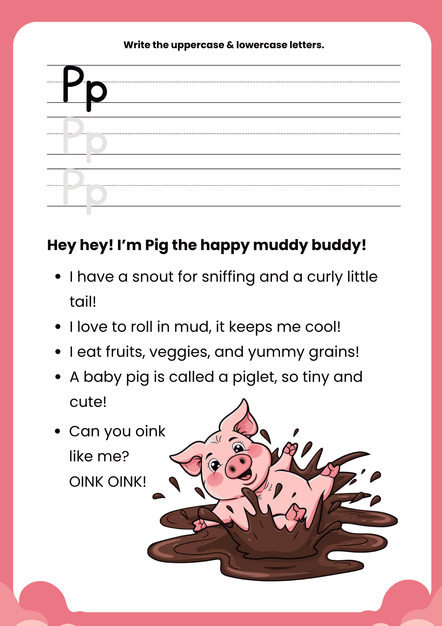 A high-quality Pig Story Letter P worksheet featuring a cute pink pig jumping in a mud puddle.