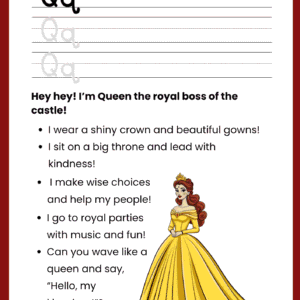 A high-quality Queen Story Letter Q worksheet featuring a beautiful queen in a yellow gown.