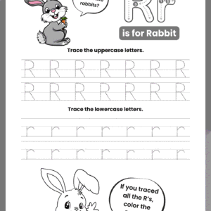 A high-quality Letter R Tracing Worksheet for kids featuring a happy rabbit with a carrot and dotted rows for practicing uppercase R and lowercase r.