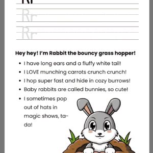 A high-quality Rabbit Story Letter R worksheet featuring a cute grey rabbit popping out of a hole in the ground.