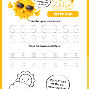 A high-quality Letter S Tracing Worksheet for kids featuring a sun character with sunglasses and dotted rows for practicing uppercase S and lowercase S.