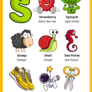A colorful Letter S Vocabulary Learning Chart featuring illustrations of a Strawberry, Spinach, Sheep, Snail, Sea Horse, Shoes, Star, and Scissors with phonetic guides.
