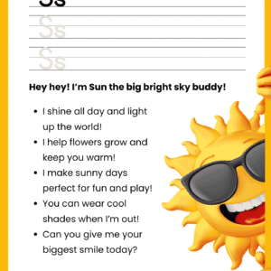 A high-quality Sun Story Letter S worksheet featuring a bright yellow sun character wearing sunglasses and primary ruled lines for writing.