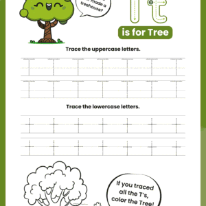 A high-quality Letter T Tracing Worksheet for kids featuring a happy tree character and dotted rows for practicing uppercase T and lowercase T.