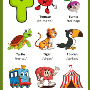 A colorful Letter T Vocabulary Learning Chart featuring illustrations of a Tomato, Turnip, Turtle, Tiger, Toucan, Train, Telephone, and Tent with phonetic guides.