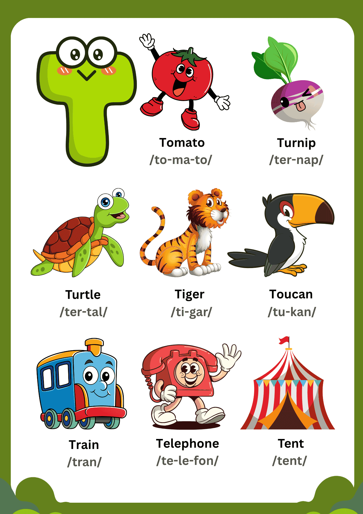 A colorful Letter T Vocabulary Learning Chart featuring illustrations of a Tomato, Turnip, Turtle, Tiger, Toucan, Train, Telephone, and Tent with phonetic guides.