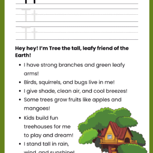 A high-quality Tree Story Letter T worksheet featuring a large tree with a treehouse and primary ruled lines for writing.