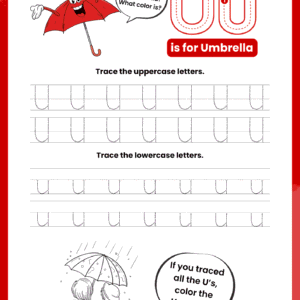 A high-quality Letter U Tracing Worksheet for kids featuring a happy umbrella character and dotted rows for practicing uppercase U and lowercase U.