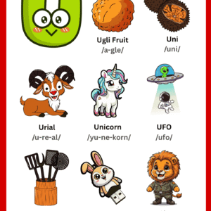 A colorful Letter U Vocabulary Learning Chart featuring illustrations of Ugli Fruit, Uni, Urial, Unicorn, UFO, Utensils, USB, and a Uniform with phonetic guides.