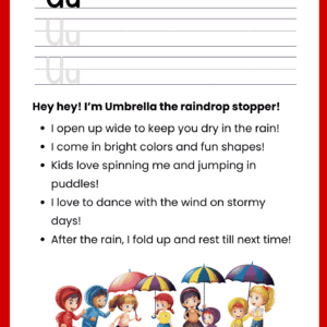 A high-quality Umbrella Story Letter U worksheet featuring children playing in the rain with colorful umbrellas and primary ruled lines for writing.