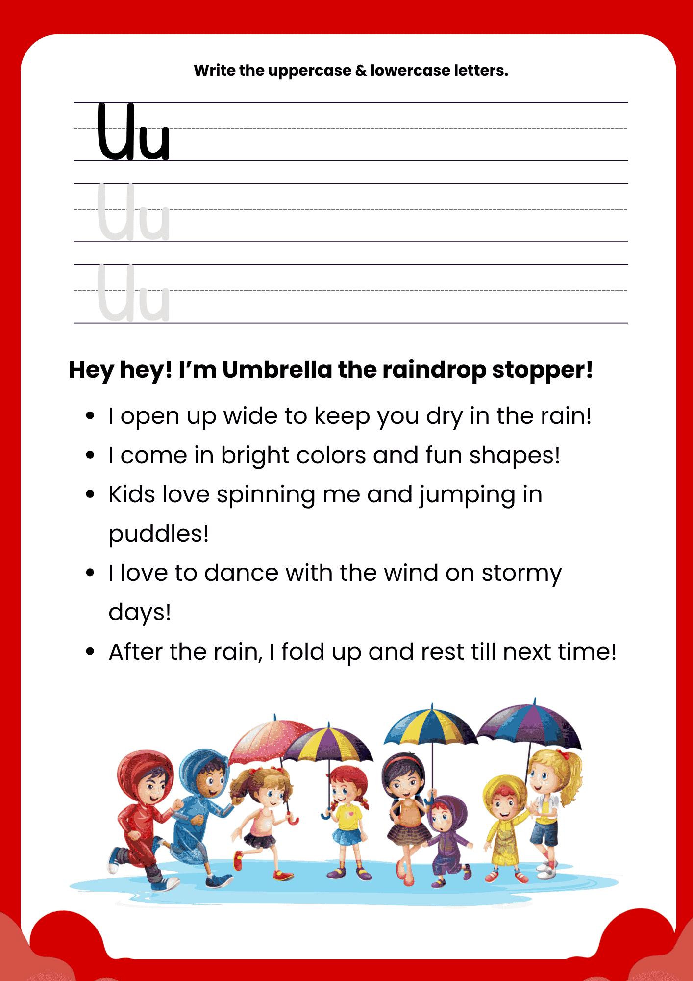 A high-quality Umbrella Story Letter U worksheet featuring children playing in the rain with colorful umbrellas and primary ruled lines for writing.