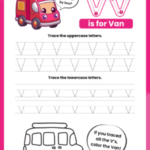 A high-quality Letter V Tracing Worksheet for kids featuring a friendly pink van and dotted rows for practicing uppercase V and lowercase V.