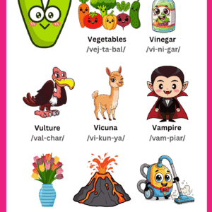 A colorful Letter V Vocabulary Learning Chart featuring illustrations of Vegetables, Vinegar, Vulture, Vicuna, Vampire, Vase, Volcano, and a Vacuum with phonetic guides.