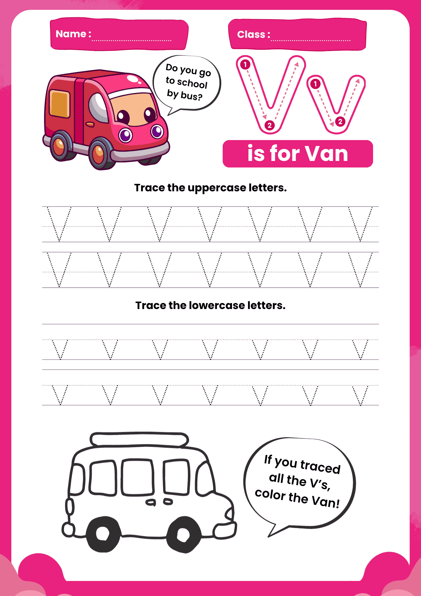 A high-quality Letter V Tracing Worksheet for kids featuring a friendly pink van and dotted rows for practicing uppercase V and lowercase V.