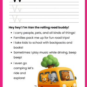 A high-quality Van Story Letter V worksheet featuring a yellow van carrying a tiger, elephant, and bear, with primary ruled lines for writing.